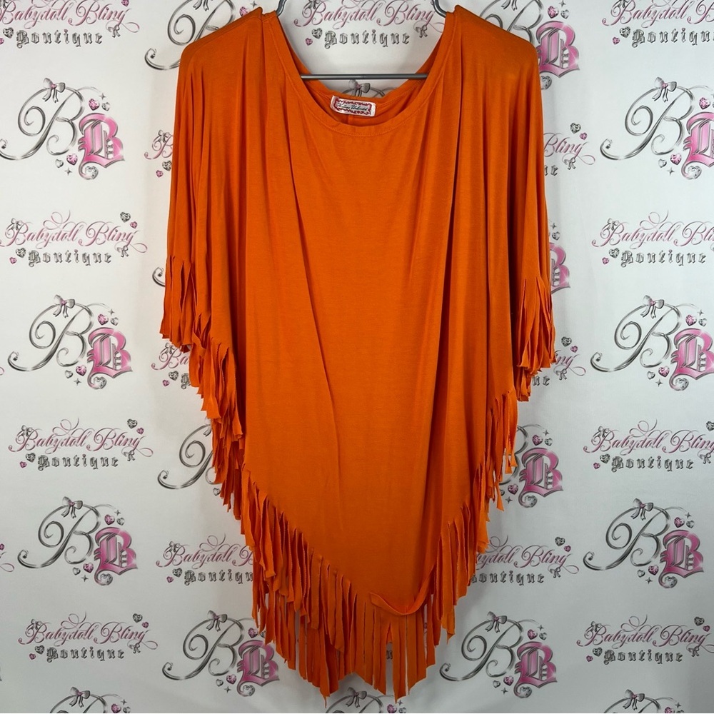 Poncho pull over bright Vibrant Orange Fringe Poncho tassle bottom hem comfy